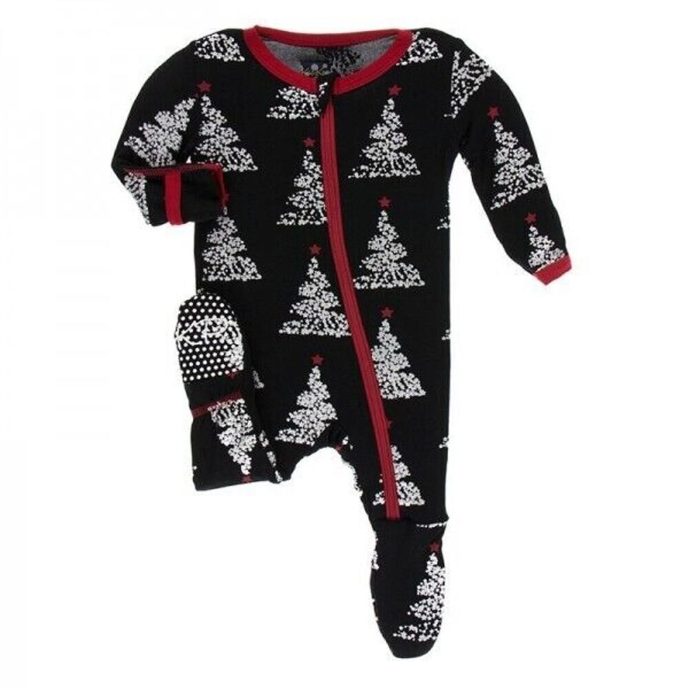 KICKEE PANTS Christmas Tree Foil One Piece Sleeper Pjs Zip Pajamas Black 6-9m